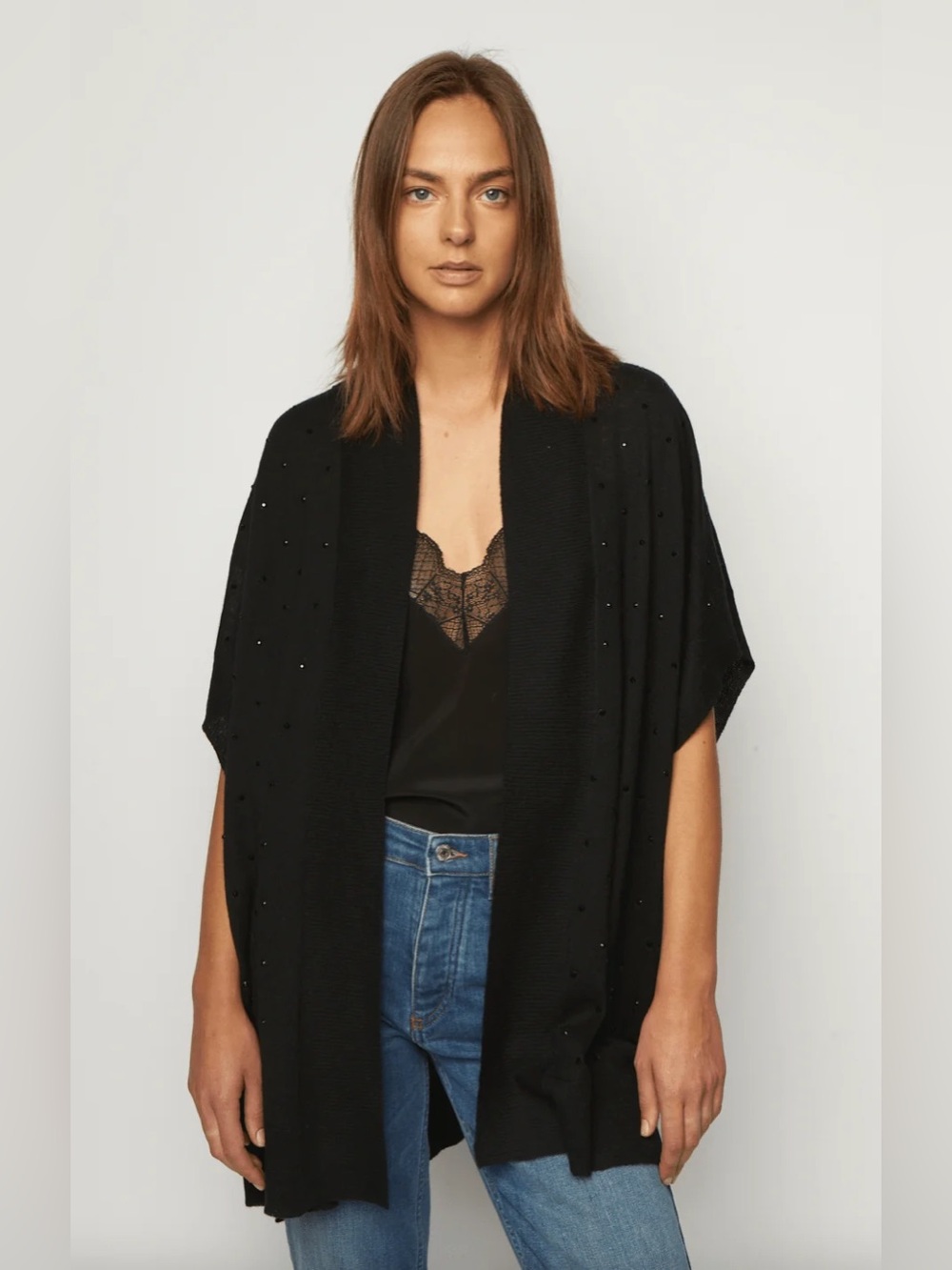 Zadig & Voltaire Black Indian Cashmere Open-Front Knit Poncho Rhinestones